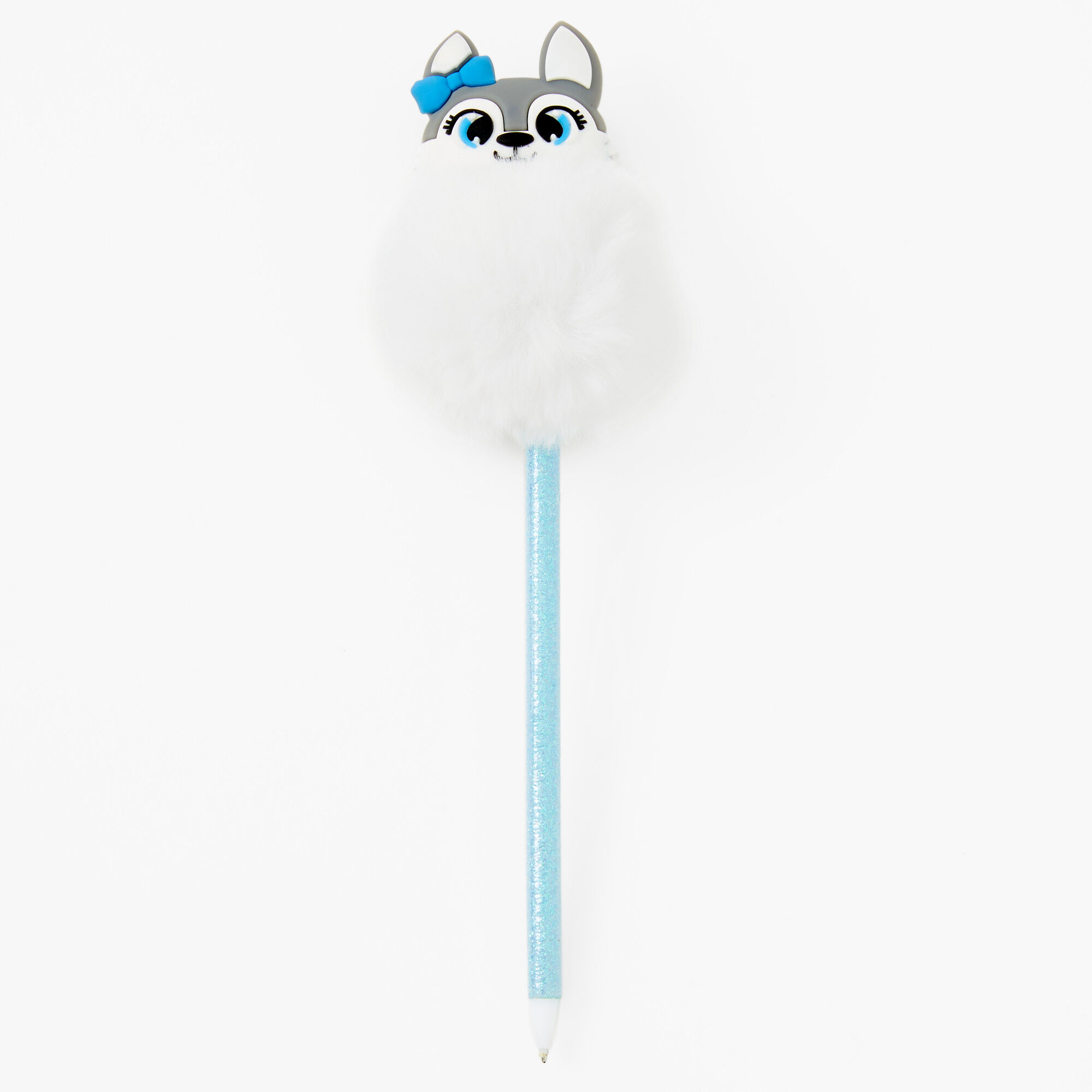 Claire's Stylo husky pompon blanc - Bleu