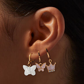 Crown &amp; Butterfly Gold-tone Hoop Earrings - 3 Pack,
