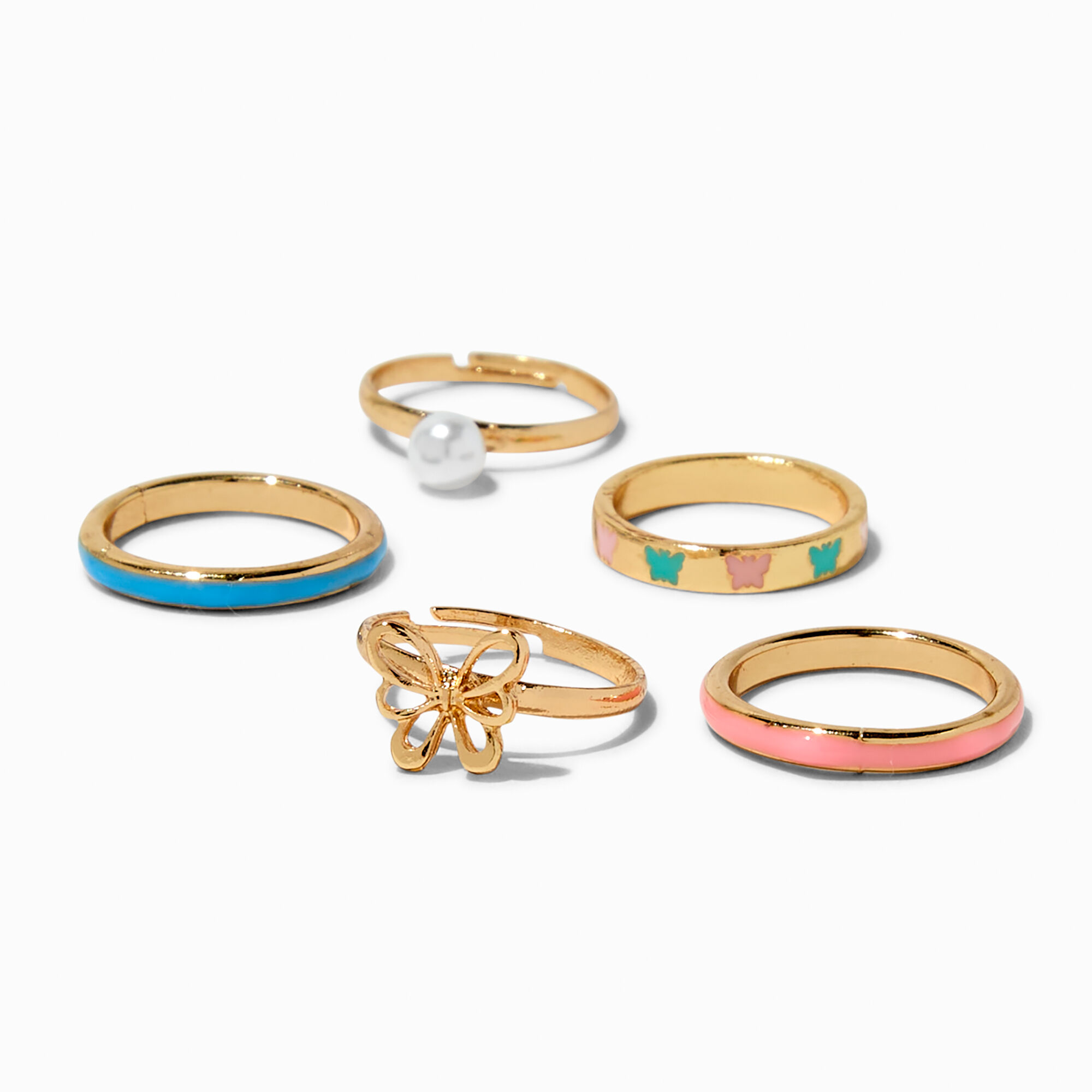 View Claires Club Butterfly Tone Enamel Rings 5 Pack Gold information