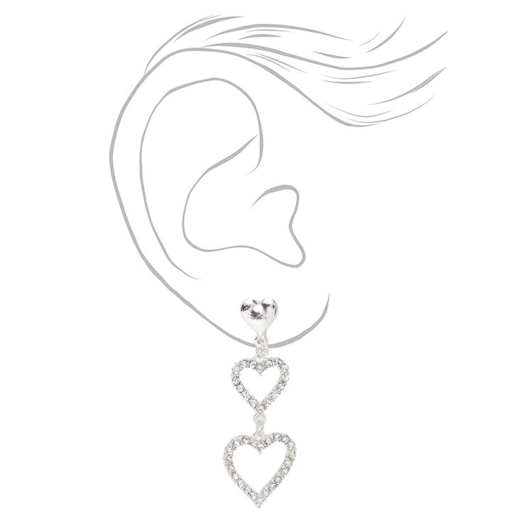 Silver-tone Crystal Triple Heart Clip-On Drop Earrings,