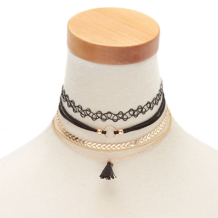 Gold Mixed Choker Necklaces - Black, 5 Pack,