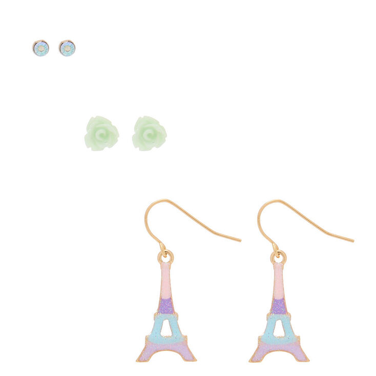 Claire's Lot de 3 paires de boucles d’oreille Tour Eiffel à paillettes pastel vert menthe
