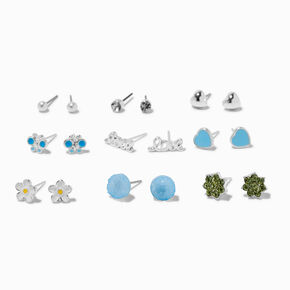 Blue Love Silver-tone Stud Earrings - 9 Pack,
