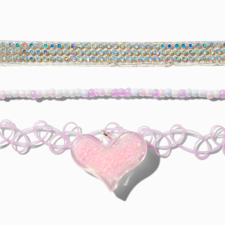 Iridescent Band &amp; Pink Heart Choker Necklaces - 3 Pack,