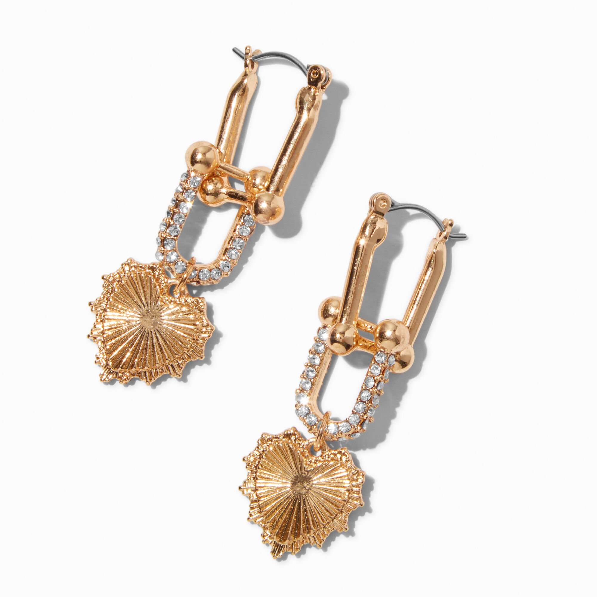 Gold-tone Chain Link Pavé Crystal Heart Drop Earrings,