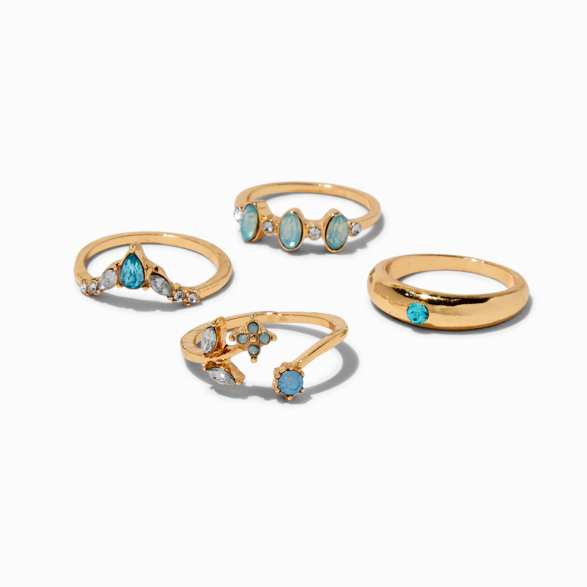 View Claires Crystal GoldTone Ring Set 4 Pack Light Blue information