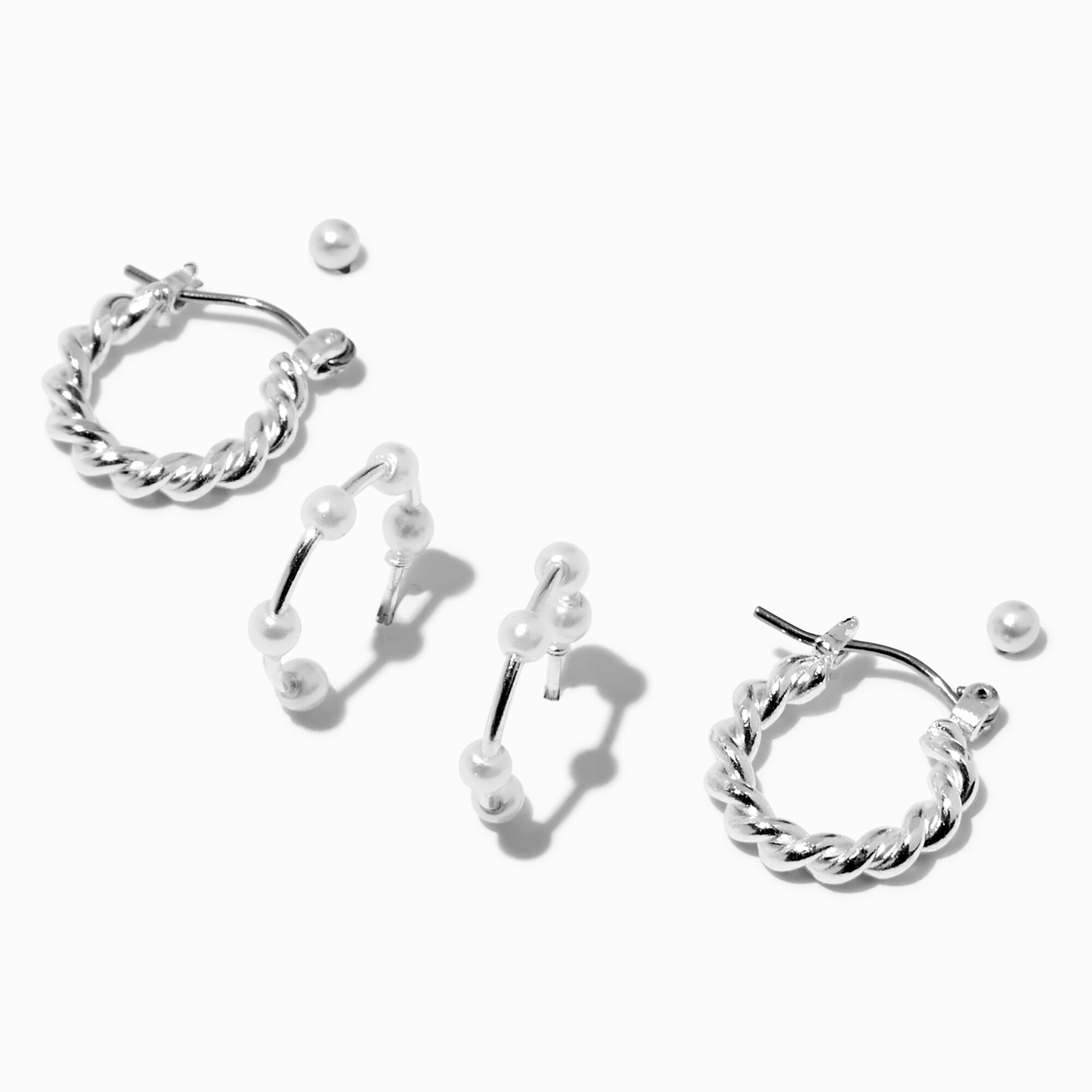 View Claires Tone Twisted Pearl Hoop Earring Stack 3 Pack Silver information