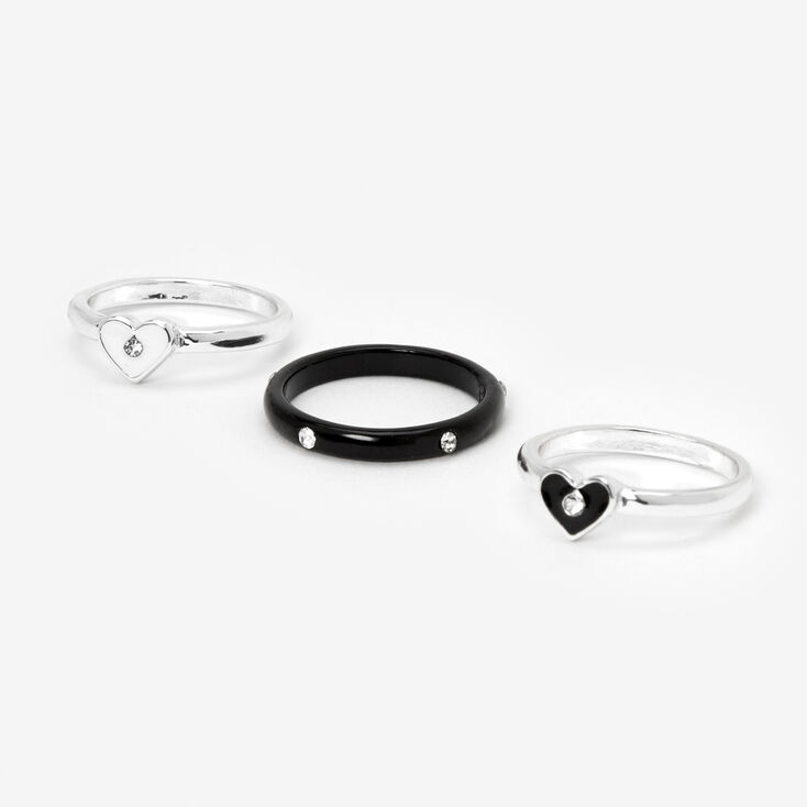 Silver &amp; Black Heart Studded Rings - 3 Pack,