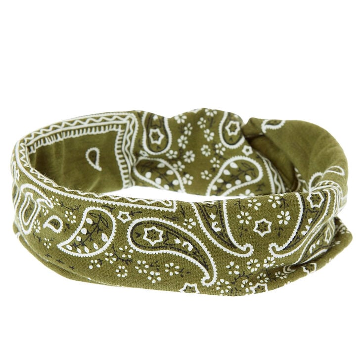 Claire's Bandeau en jersey noué style bandana à motif cachemire vert olive