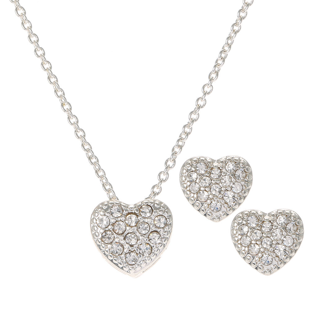 925 Silver 4 Hearts with Crystal Necklace and Matching Earring Set =UK SELLER= 