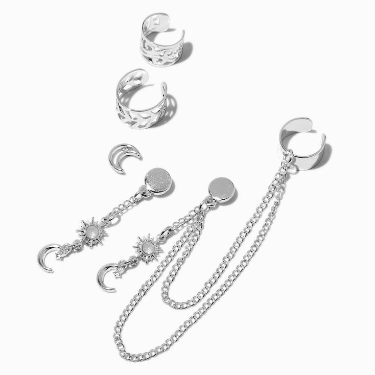 Silver-tone Stars &amp; Moons Chain Ear Cuff Connector Stack Earrings,