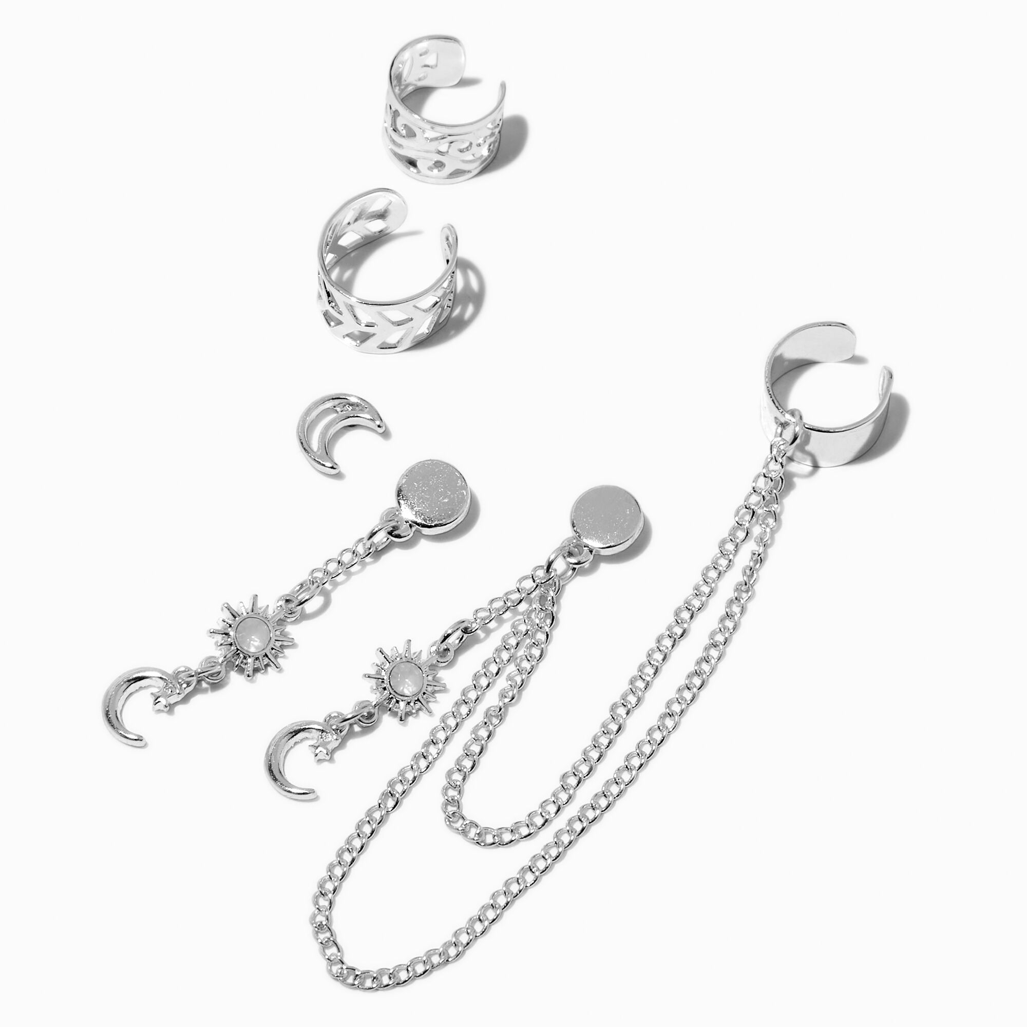 View Claires Tone Stars Moons Chain Ear Cuff Connector Stack Earrings Silver information