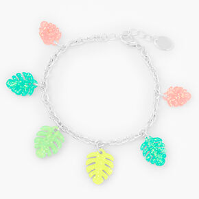 Silver-tone Glitter Palm Leaves Charm Bracelet,