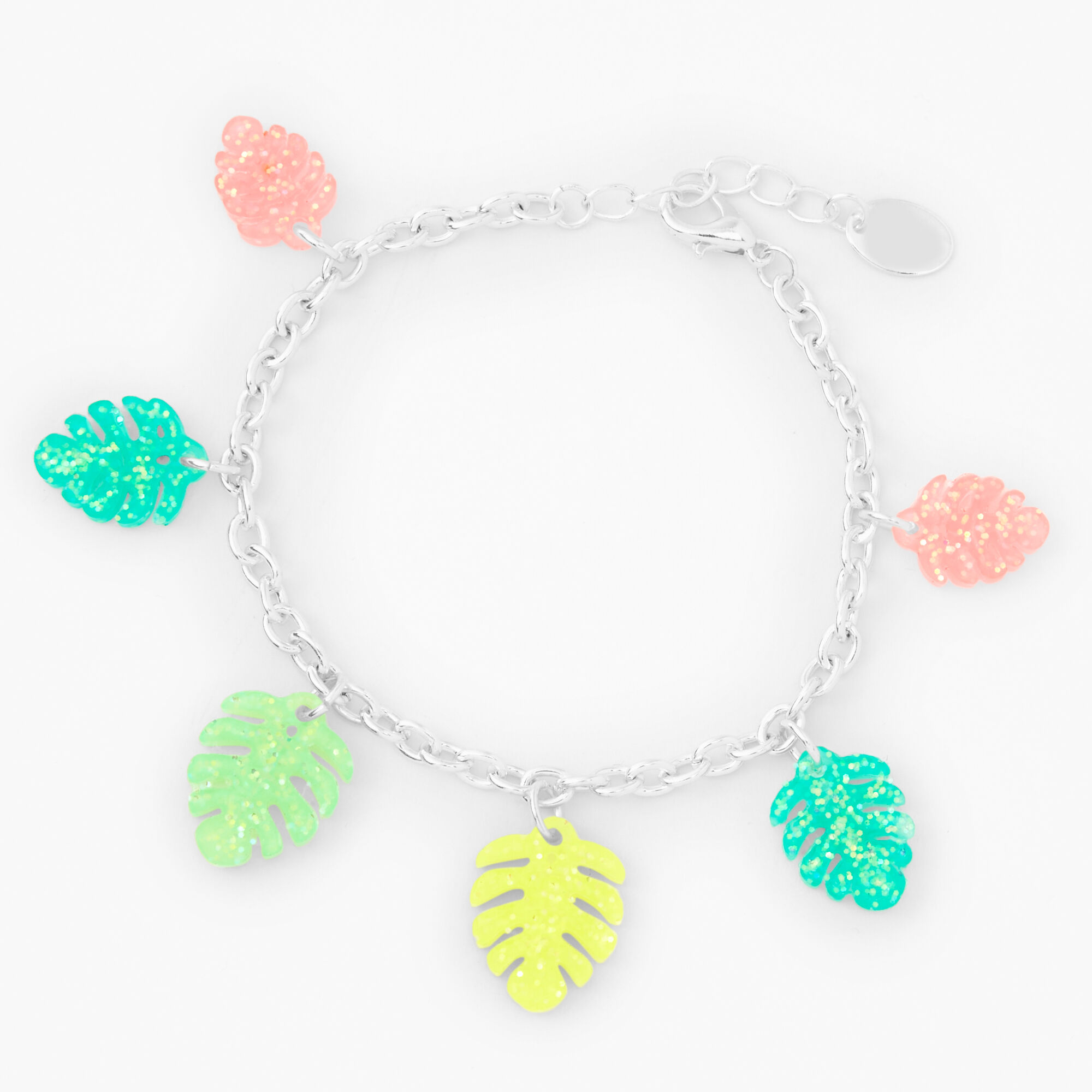 View Claires Tone Glitter Palm Leaves Charm Bracelet Silver information