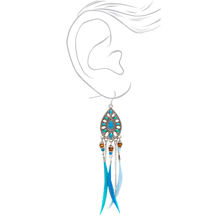 Silver 4&quot; Boho Feather Drop Earrings - Blue,