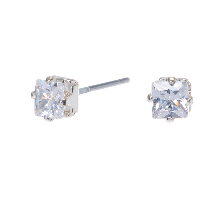 Silver-tone Cubic Zirconia 4MM Square Stud Earrings,