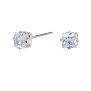 Silver Cubic Zirconia Square Stud Earrings - 4MM,