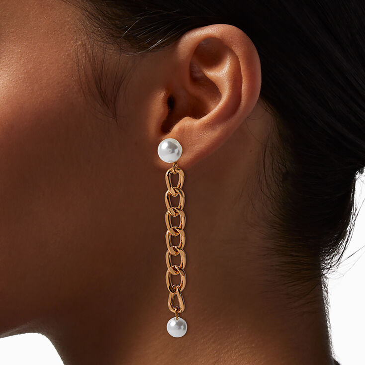 Gold-tone Pearl Curb Chain 3&quot; Drop Earrings,