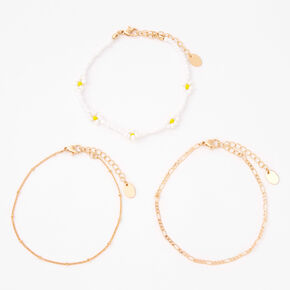 Gold Beaded Daisy Chain Anklets - 3 Pack,