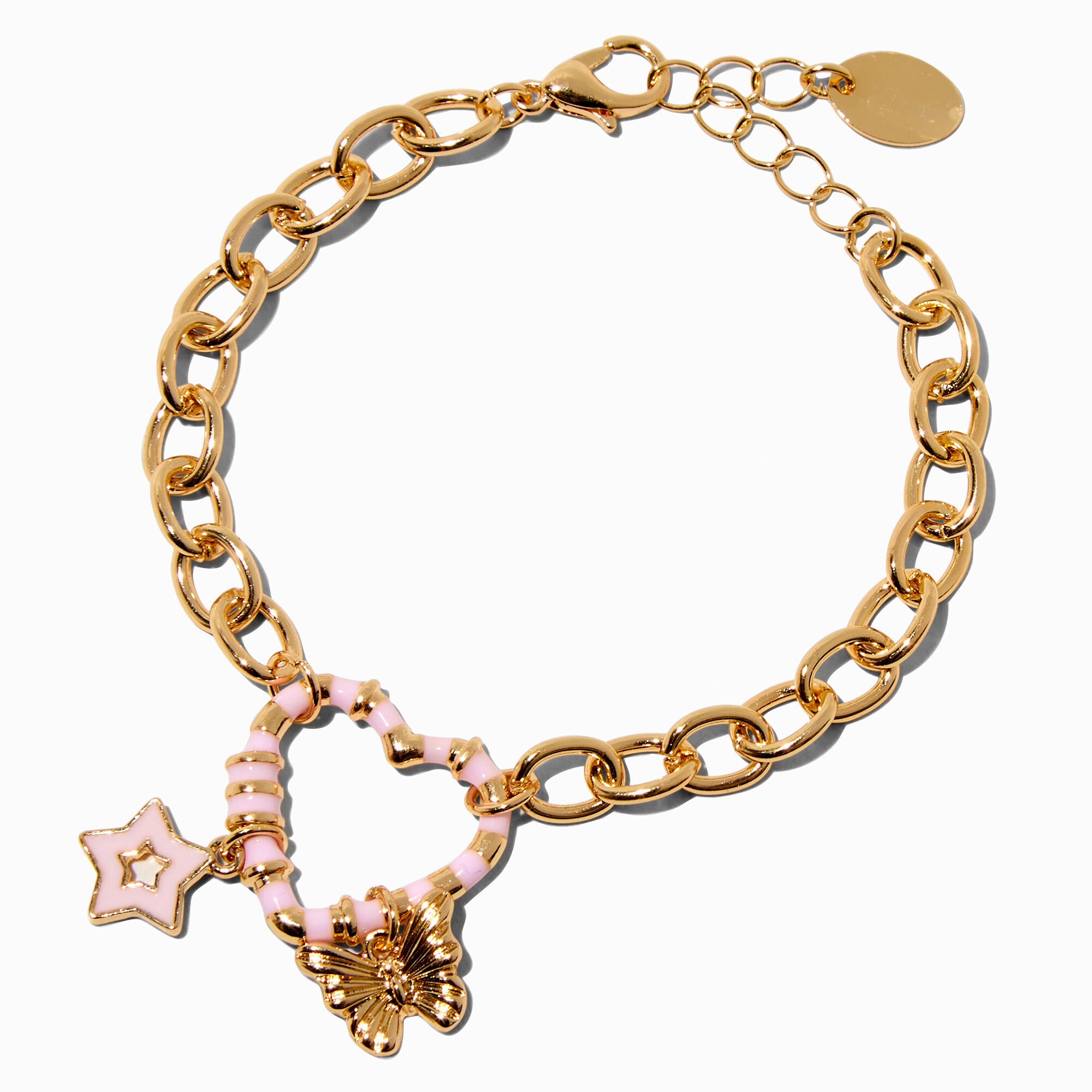 Gold-tone Pink Heart Link Chain Bracelet,