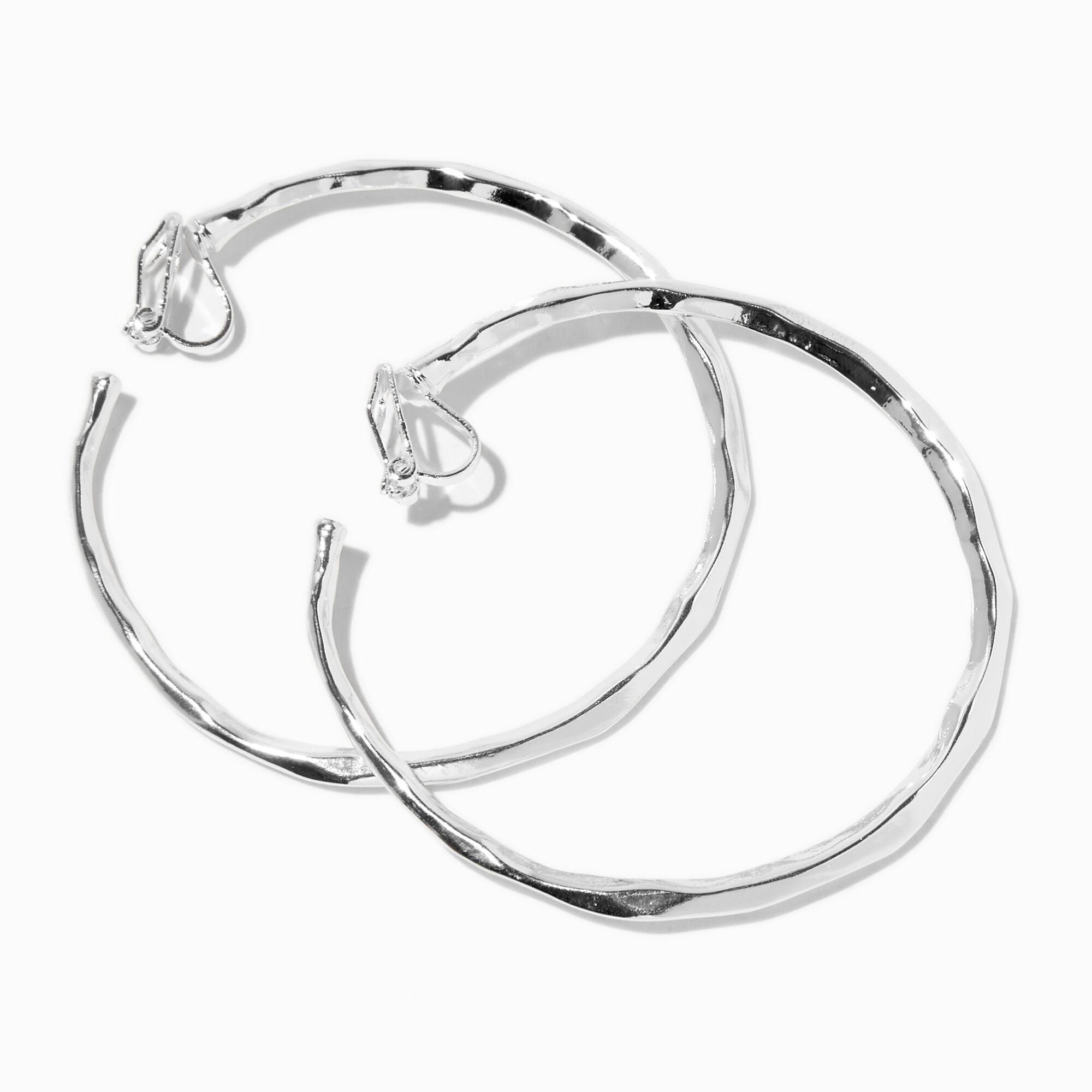 Silver tone 60MM Molten Clip on Hoop Earrings Claire s US