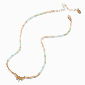 Collier &agrave; pendentif perles de rocaille libellule couleur dor&eacute;e,
