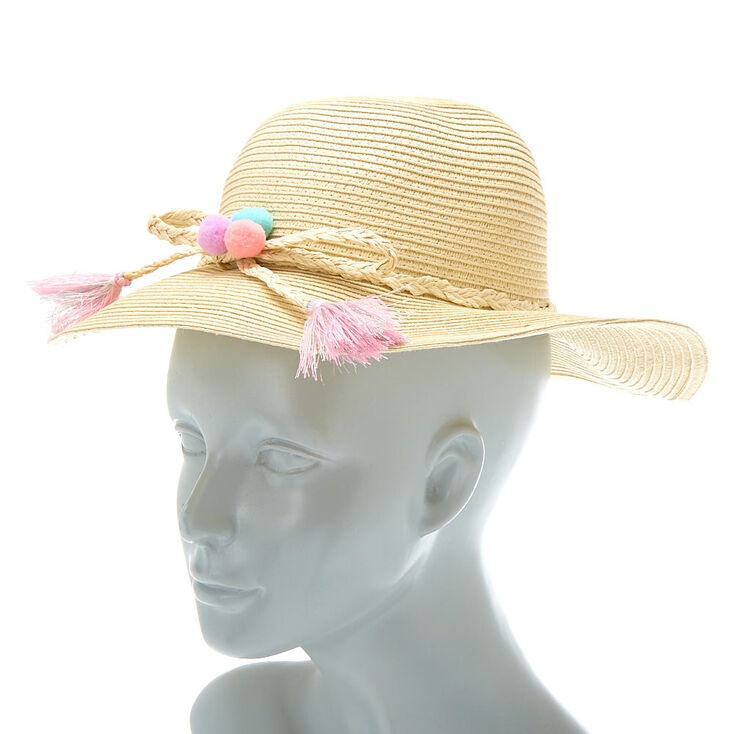 Claire&#39;s Club Pom Pom Floppy Straw Hat - Tan,