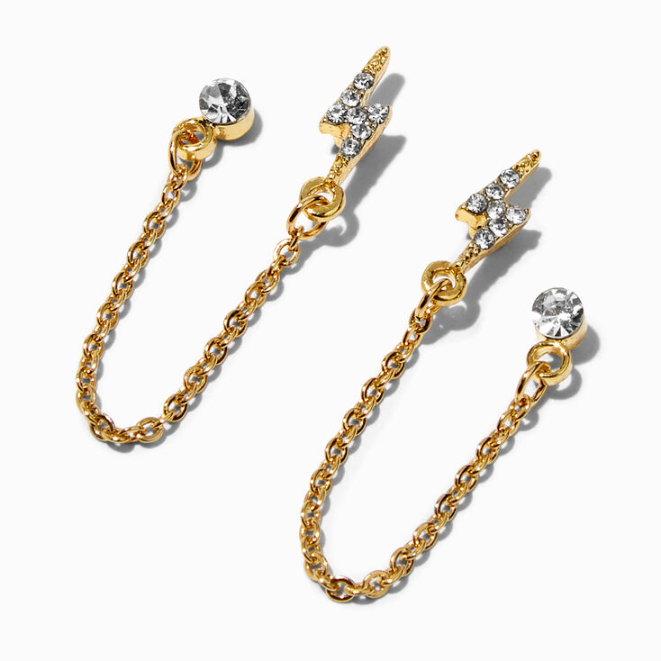 18K Gold Plated Lightning Bolt &amp; Crystal Connector Stud Earrings,