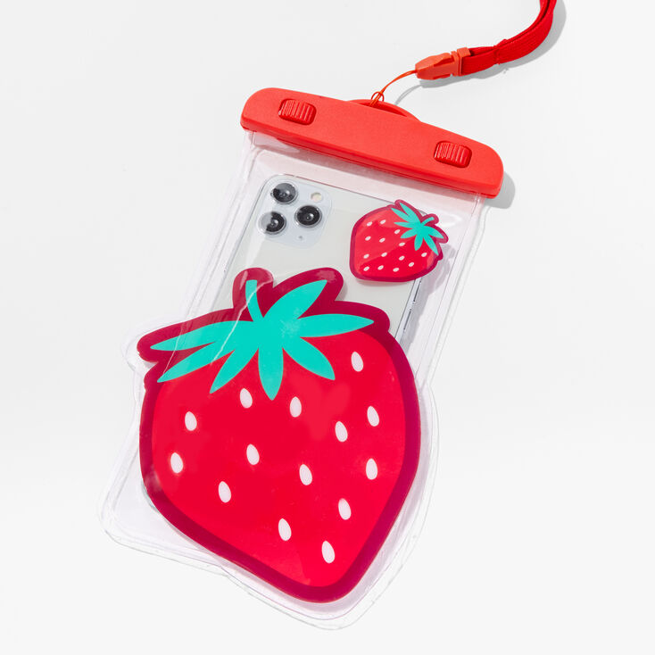 Red Strawberry Print Water Resistant Clear Phone Pouch With Lanyard,