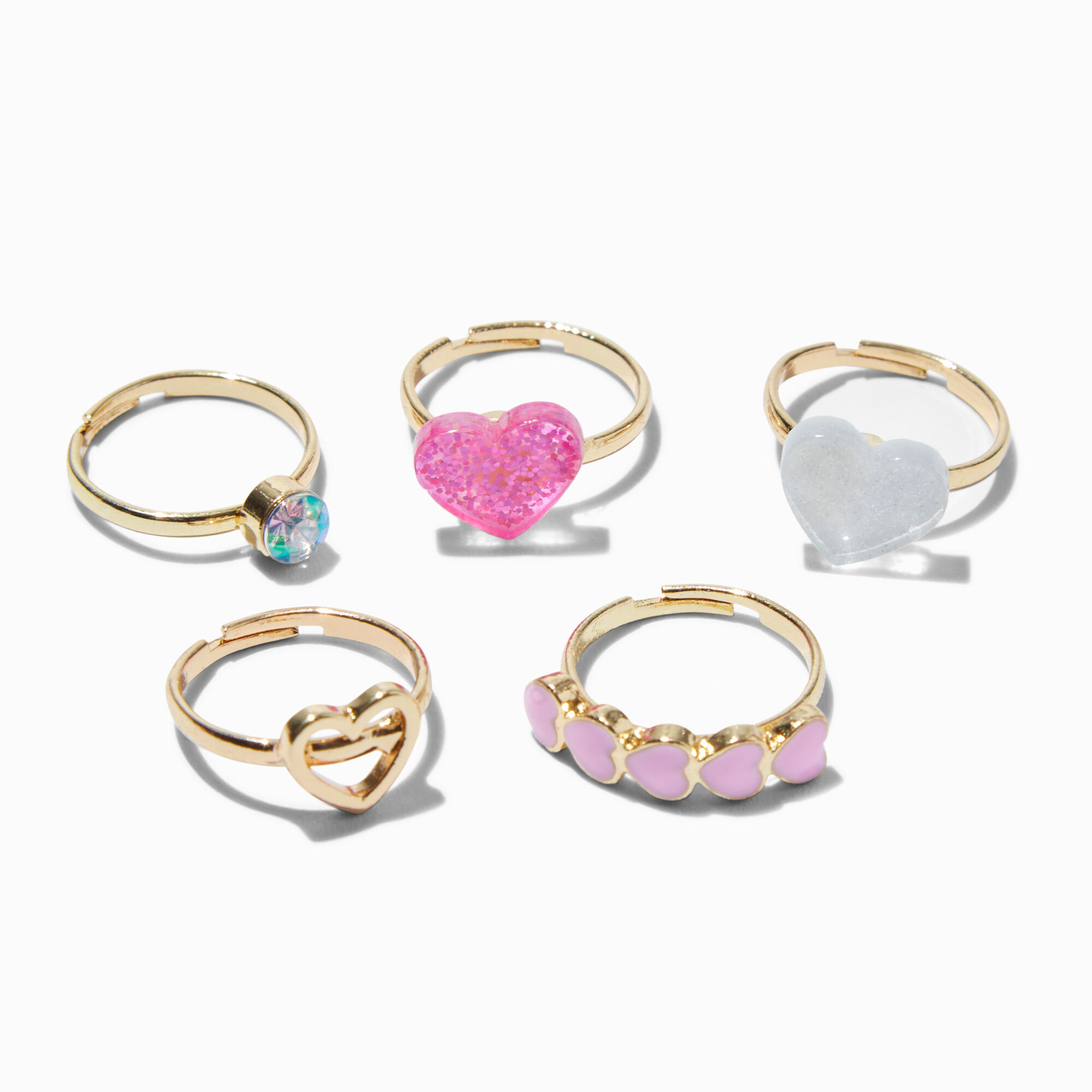 View Claires Club Heart Box Rings 5 Pack Gold information