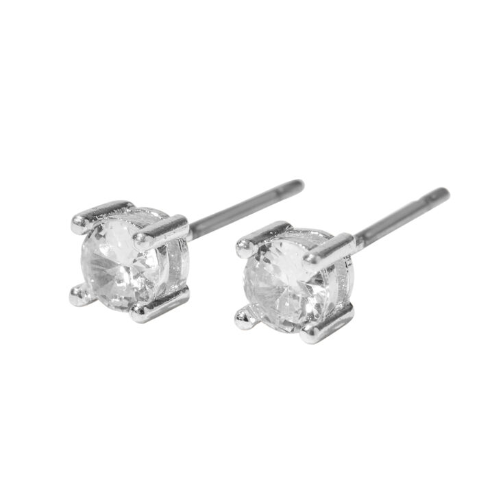 Silver Cubic Zirconia Round Stud Earrings - 4MM,