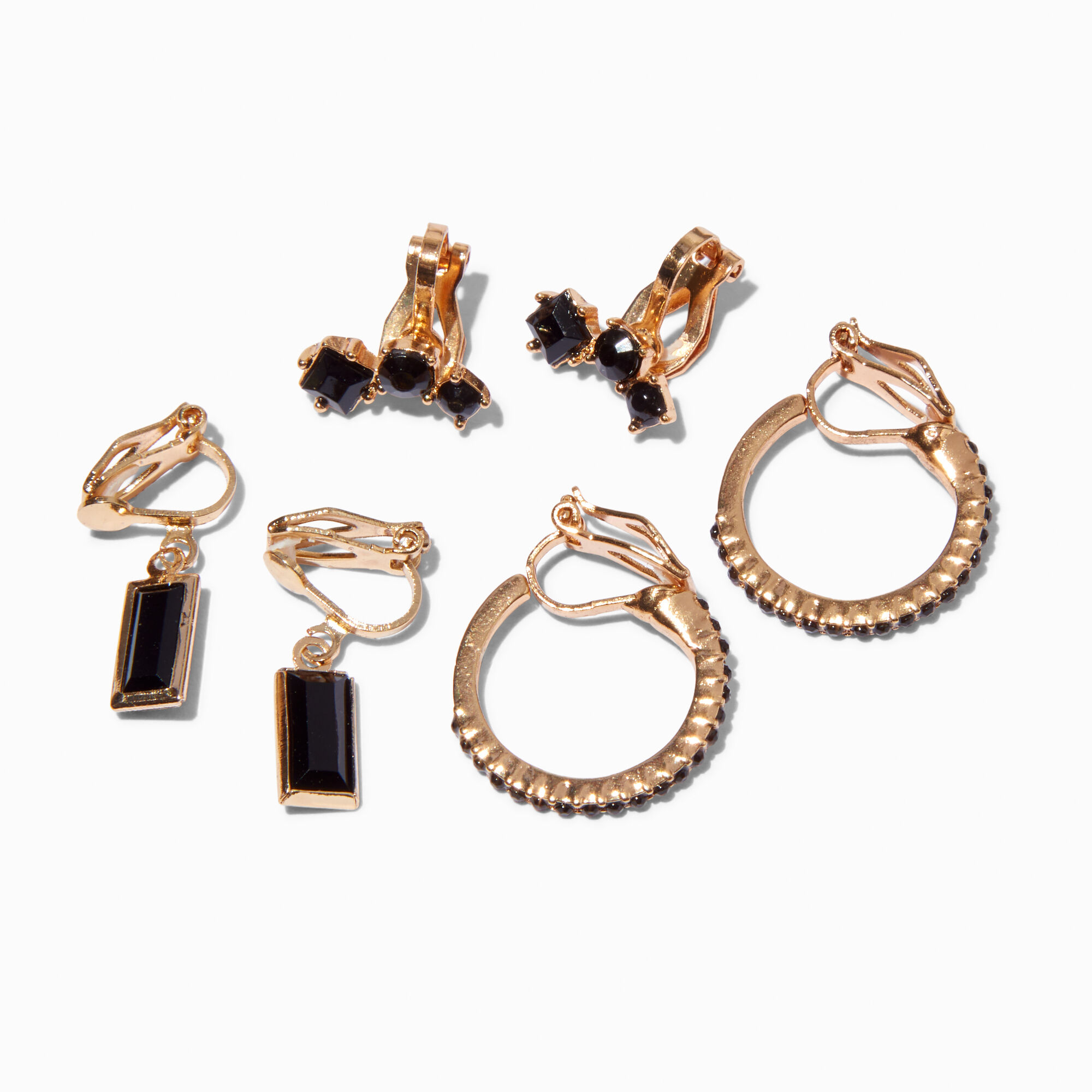 View Claires Gemstone GoldTone Clip On Earring Set 3 Pack Black information