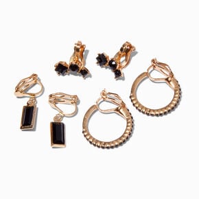 Black Gemstone Gold-tone Clip On Earring Set - 3 Pack,