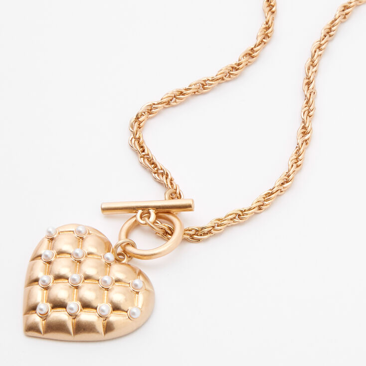 Claire's Collier à pendentif cœur matelassé et perles d'imitation couleur dorée