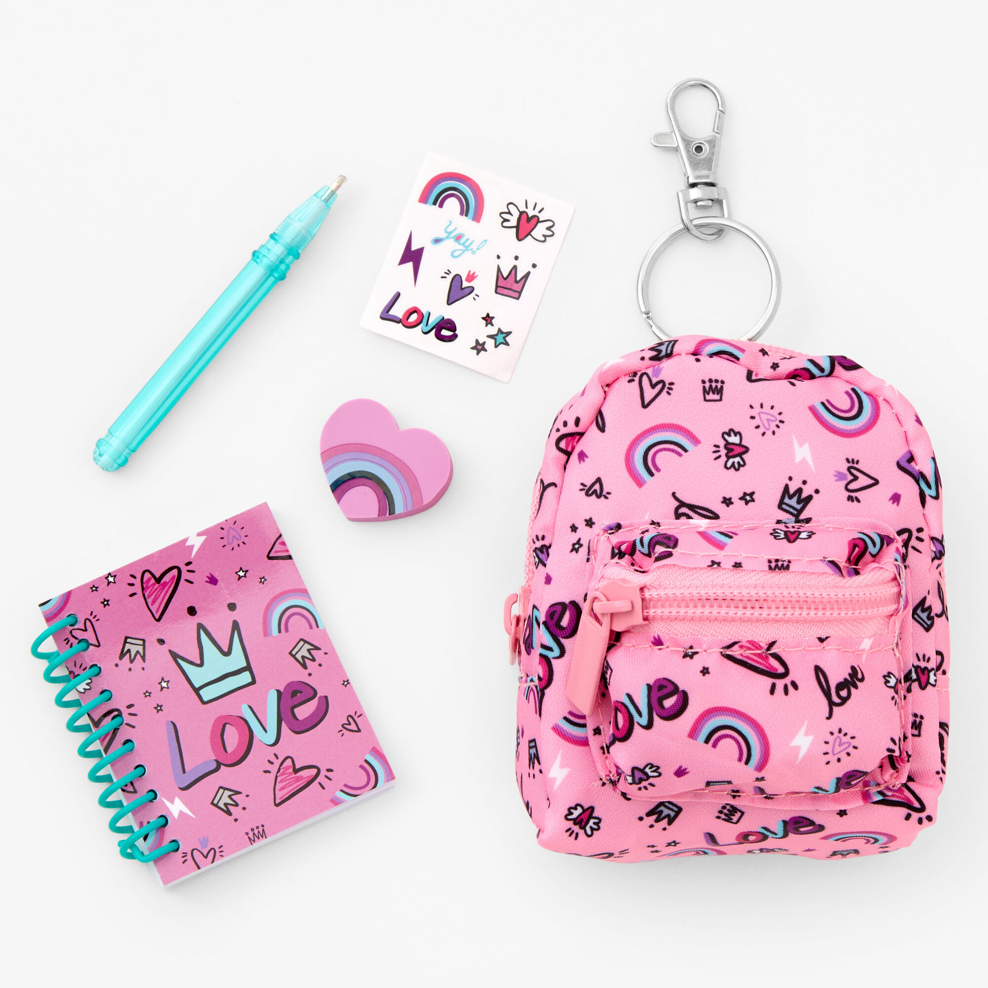 Claire's Ensemble d’articles de papeterie sac à dos 10 cm « Love » arc-en-ciel - Rose