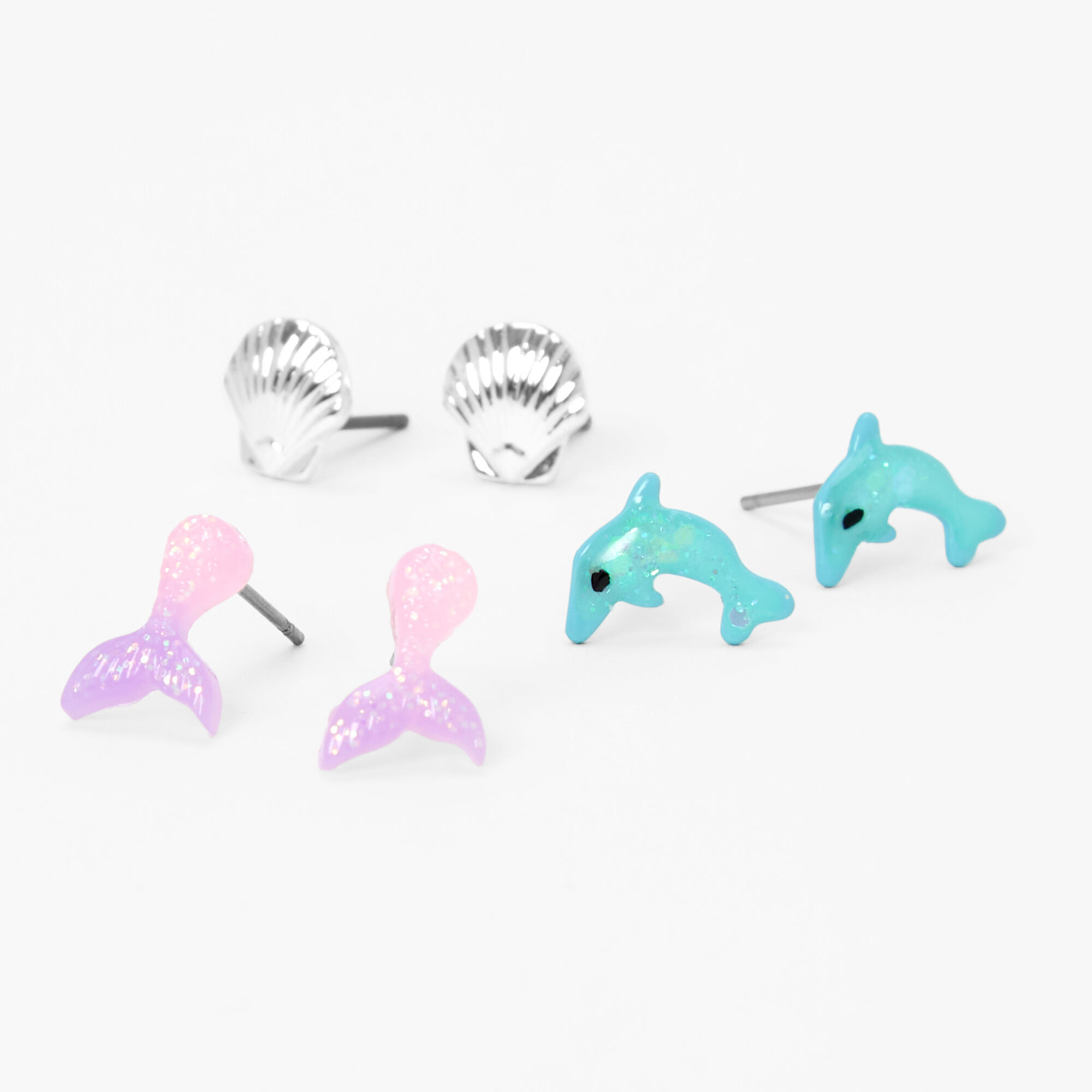 View Claires Seashell Dolphin Mermaid Stud Earrings 3 Pack Silver information