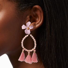 Pink Flower Teardrop Tassel 3&#39;&#39; Drop Earrings,