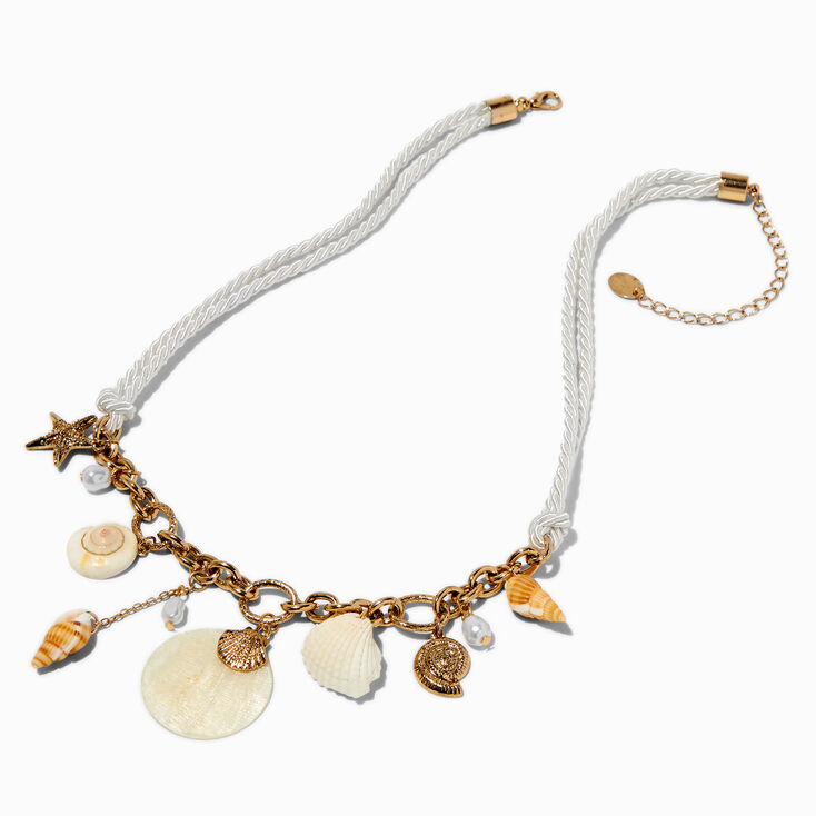 Gold-tone Seashells White Rope Charm Necklace,