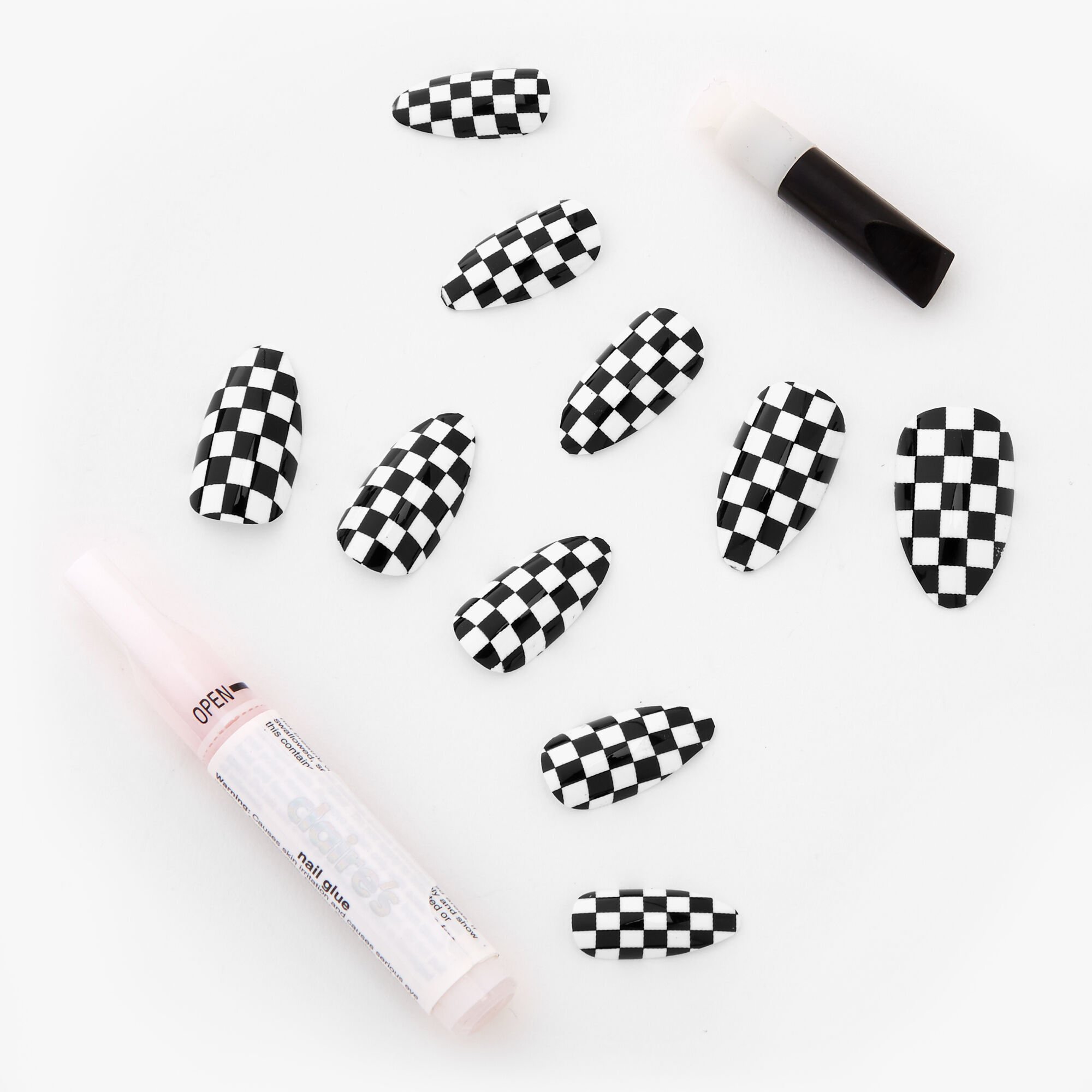 Faux ongles stiletto à carreaux noirs et blancs - Lot de 24,
