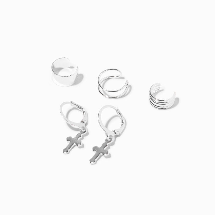 Silver Mixed Ear Cuff &amp; Cross Huggie Hoop Earrings Set - 4 Pack,