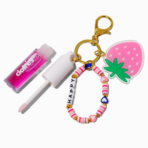 &quot;Happy&quot; Strawberry Charm Lip Gloss Wristlet Keychain,