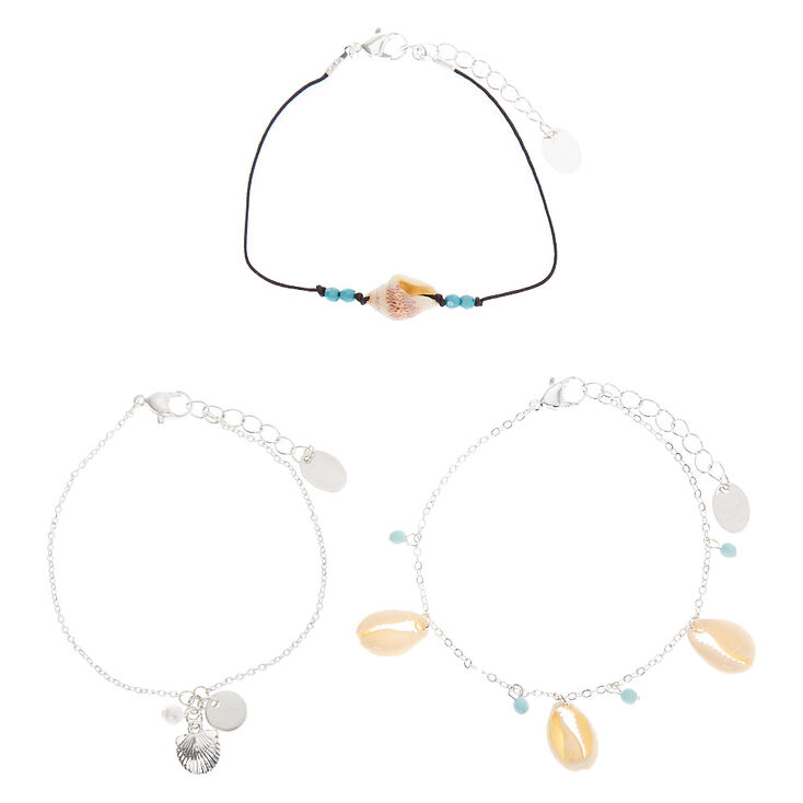 Silver Cowrie Shell Chain Bracelets - Turquoise, 3 Pack,