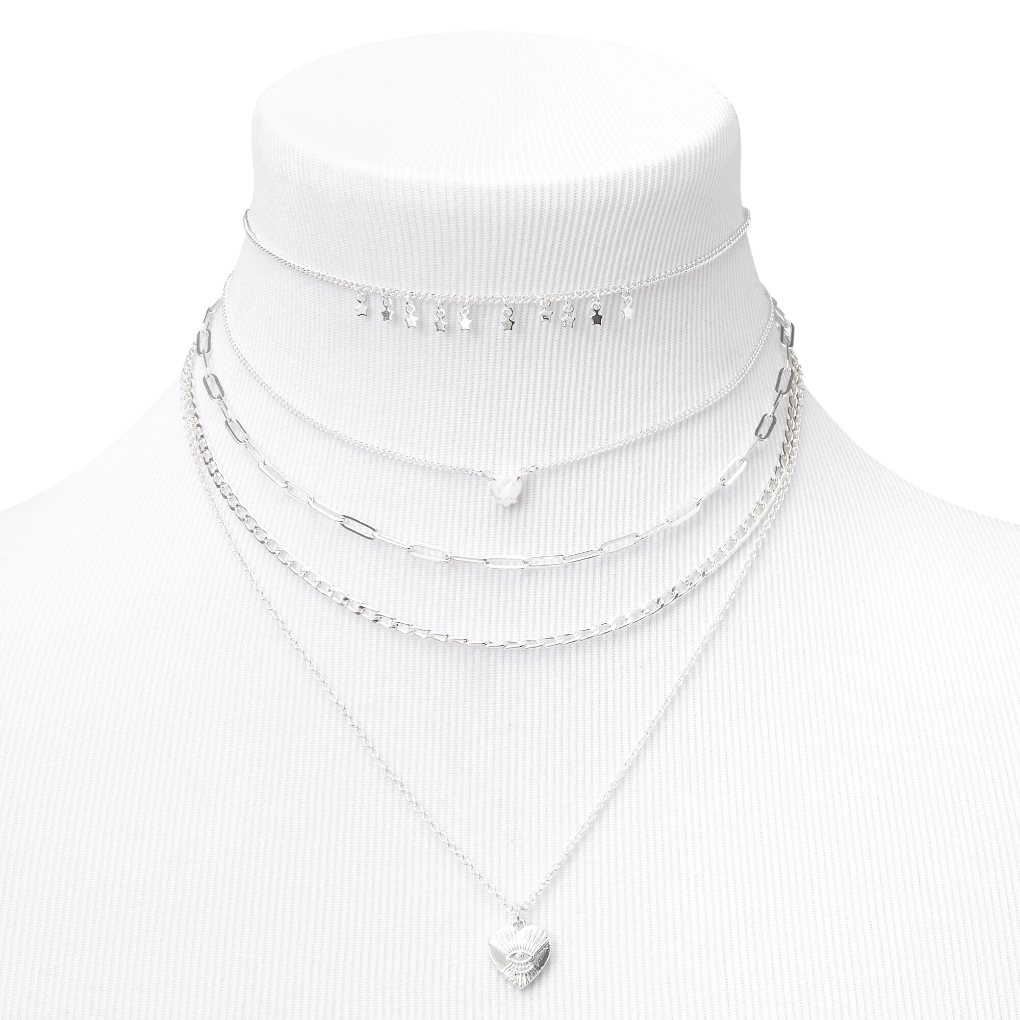 Collier multi-rangs chaîne mauvais œil cœur et étoile couleur argentée,
