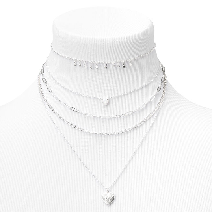Collier multi-rangs cha&icirc;ne mauvais &oelig;il c&oelig;ur et &eacute;toile couleur argent&eacute;e,