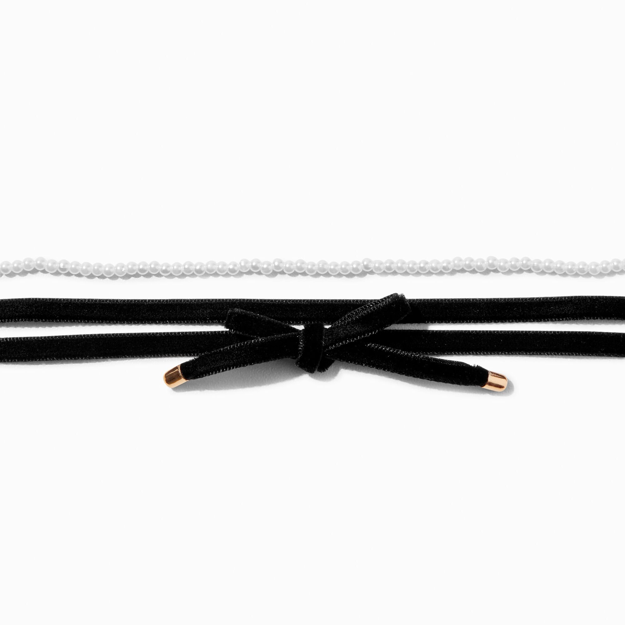View Claires Black Bow Pearl Choker Necklaces 2 Pack White information
