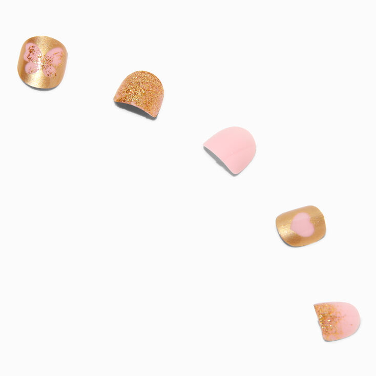 Claire&#39;s Club Gold Glitter Butterfly Square Press On Vegan Faux Nail Set - 10 Pack,