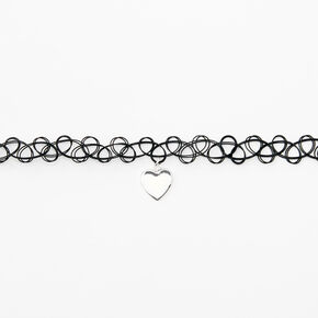 Silver-tone Puffy Heart Tattoo Choker Necklace - Black,