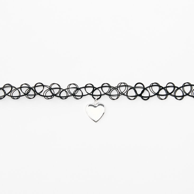 Silver-tone Puffy Heart Tattoo Choker Necklace - Black,