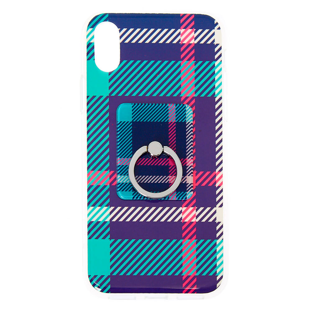 Navy Plaid Ring Holder Protective Phone Case - Fits iPhone X/XS,