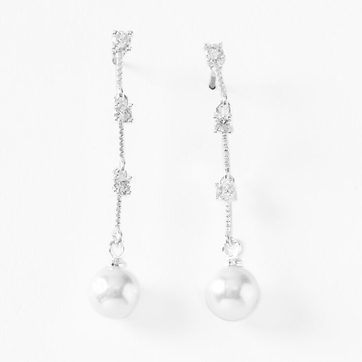 Silver-tone Crystal Pearl Linear 1.5&quot; Drop Earrings,